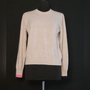 Brodie Cashmere Beige Multi-Colored Nep, Cuffs one Blue and one Pink. Crew Neck